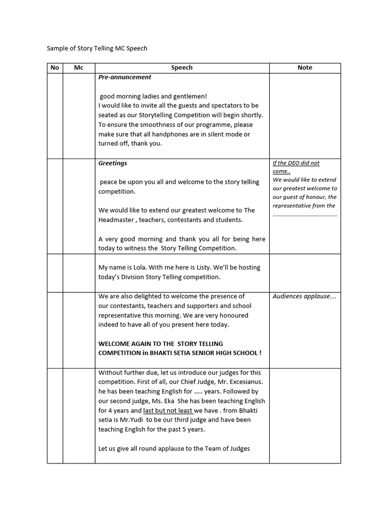 Storytelling Competition MC Script | PDF