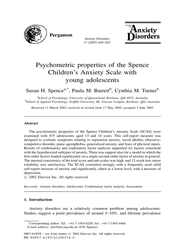 Psychometric Properties of The Spence Children's Anxiety Scale With ...