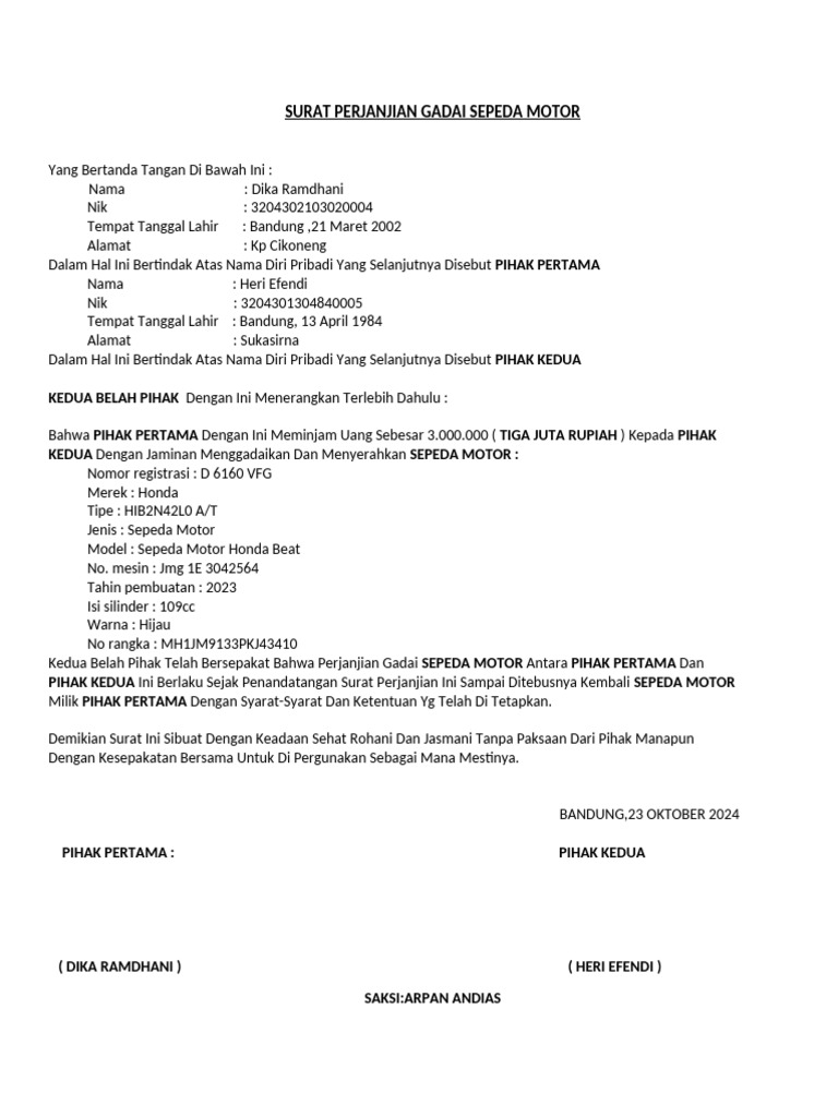 Perjanjian Gadai Motor | PDF
