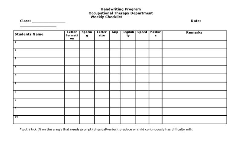 Handwriting Program Occupational Therapy Department Weekly Checklist ...