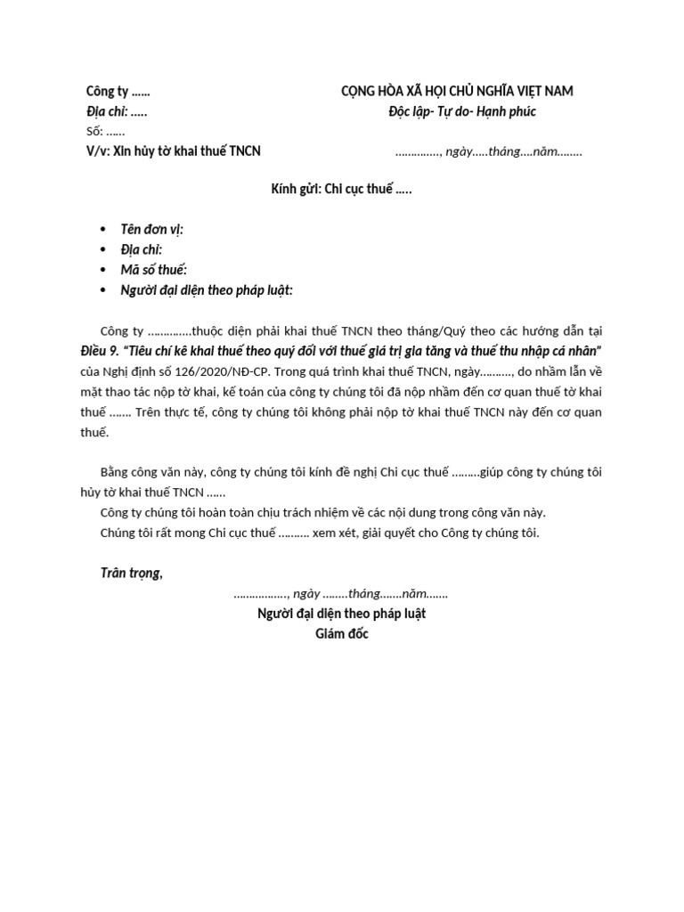 Mau cong van xin huy to khai thue tncn da nop qua mang moi nhat pdf