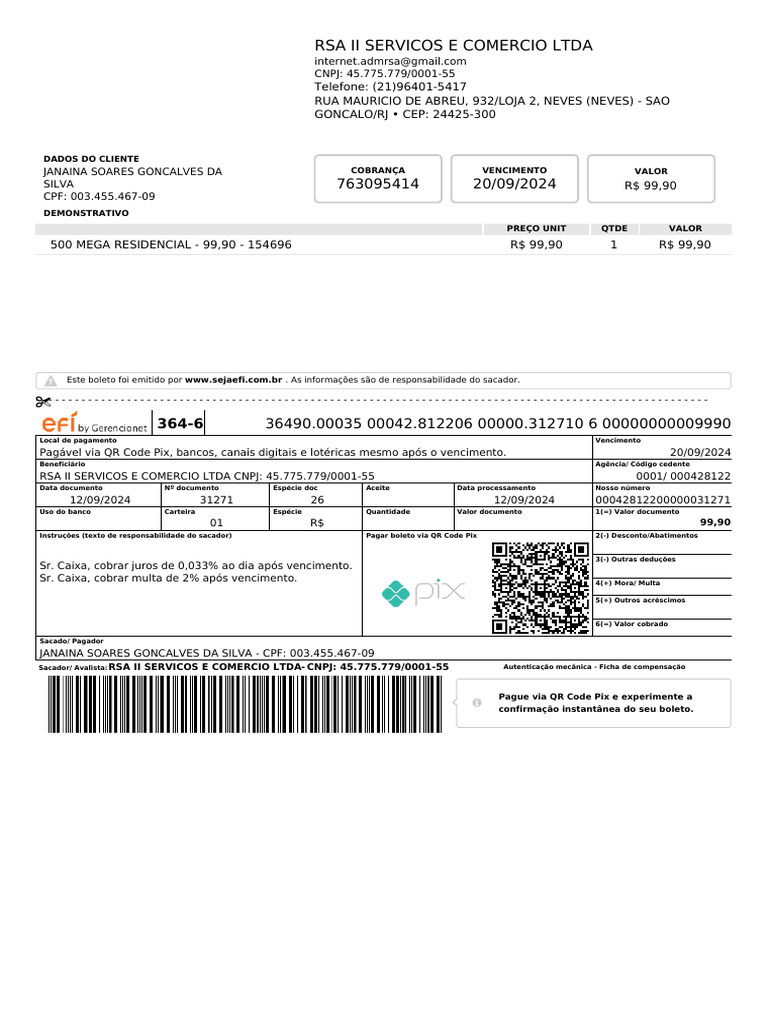 Boleto de Cobrança RSA II Serviços | PDF | Tecnologia bancária | Pagamentos