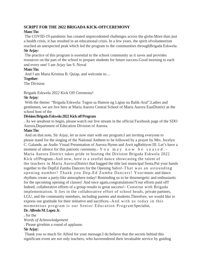 Brigada Eskwela 2022 Kick-Off Ceremony Script | PDF