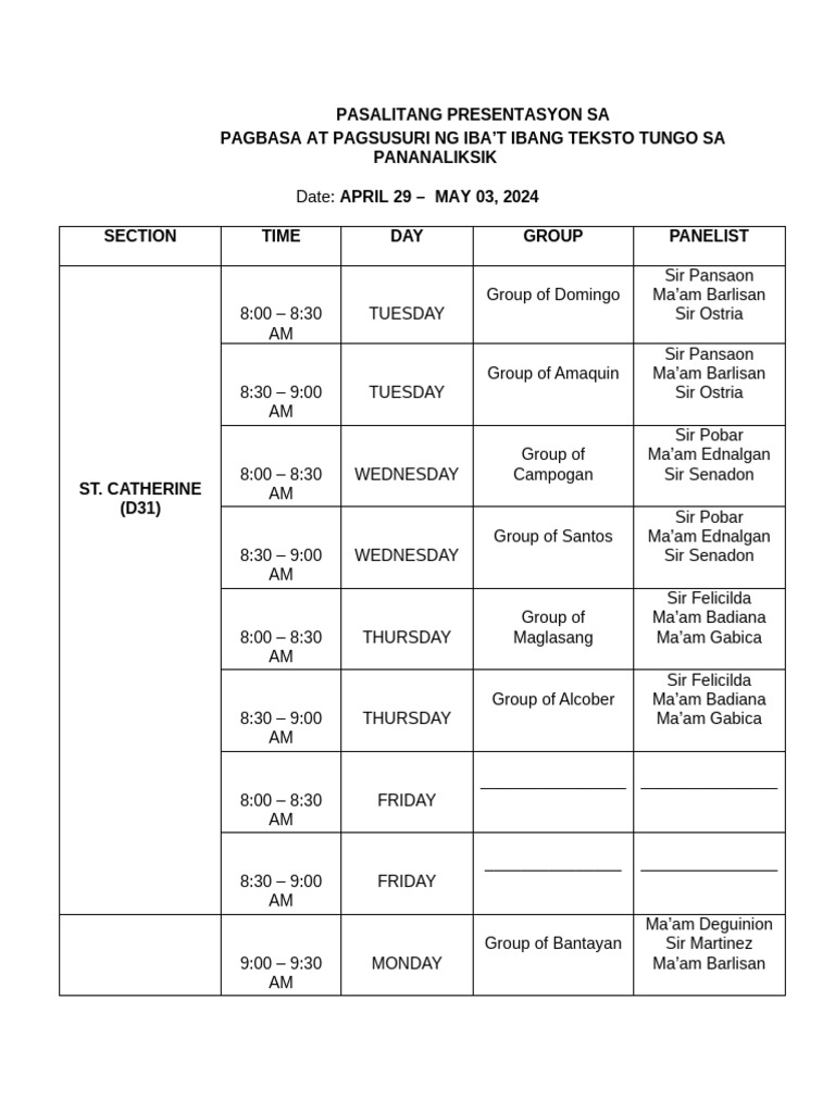 Final Defense Schedule Filipino | PDF