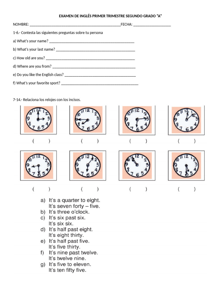 Examen de Inglés Segundo Grado A | PDF | Language Arts & Discipline