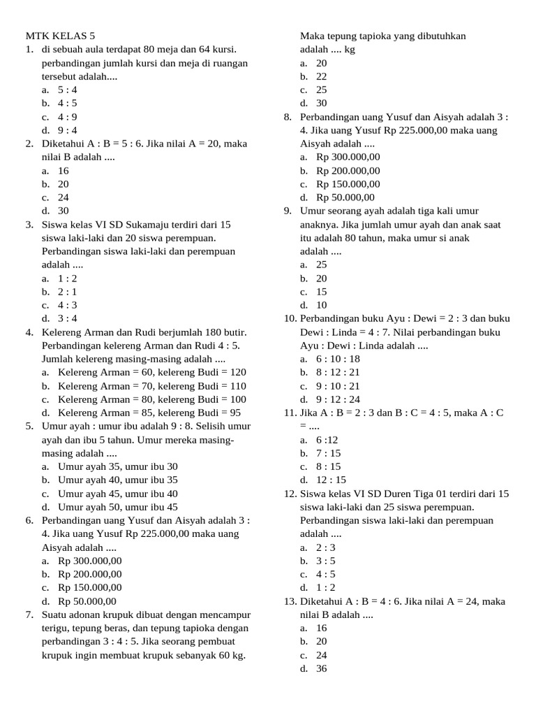 Soal Rasio Kelas 5 SD Kurikulum Merdeka | PDF
