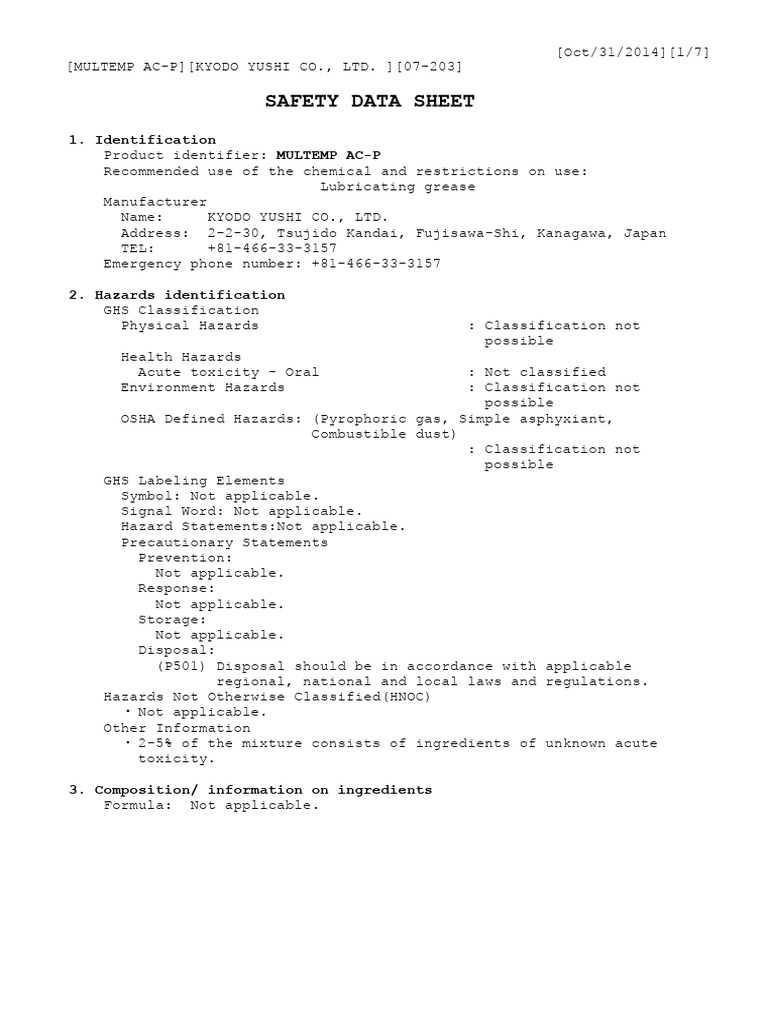 Multemp AC-P Safety Data Sheet | PDF | Occupational Safety And Health ...