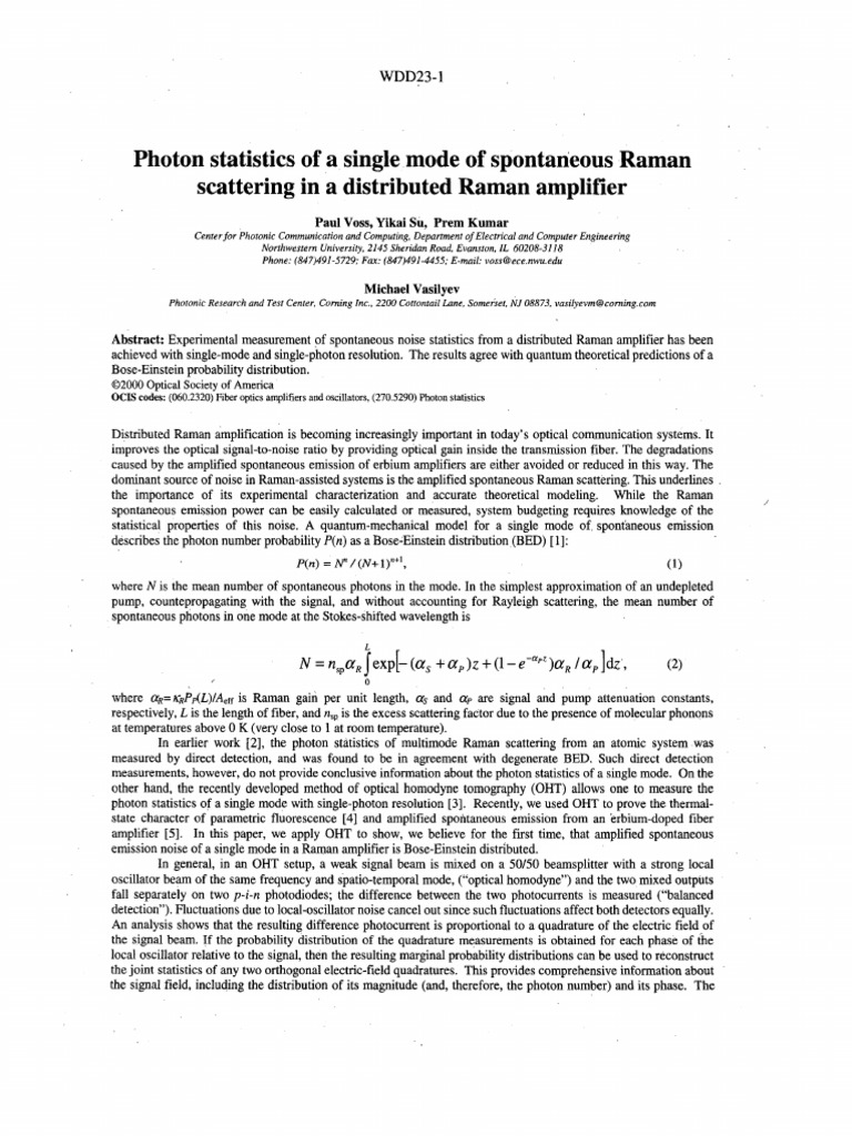 Photon Statistics of A Single Mode of Spontaneous Raman Scattering in A ...