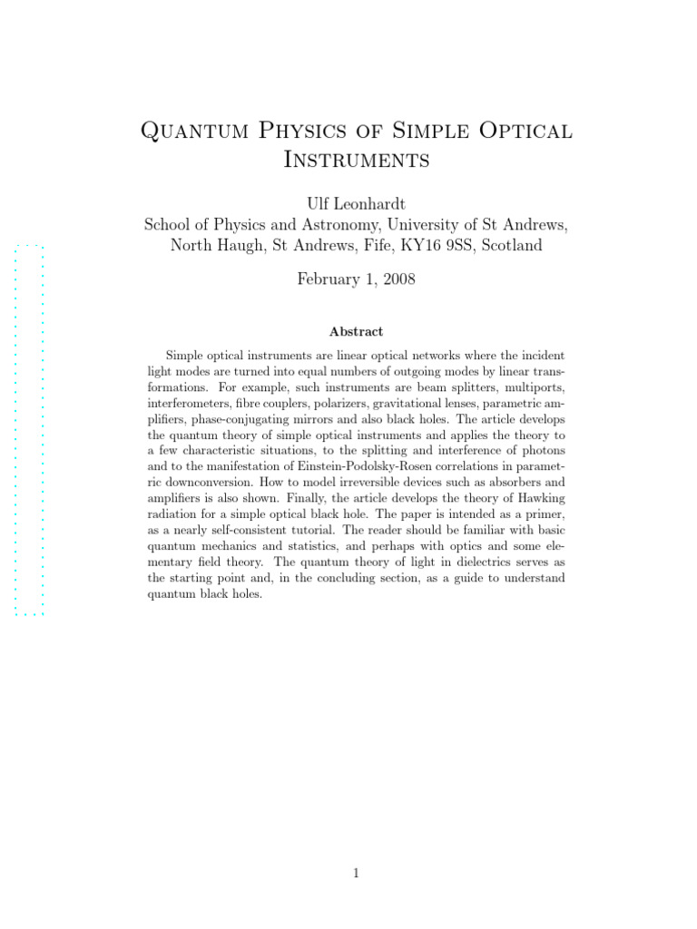 Quantum Theory of Optical Instruments | PDF | Field (Physics) | Photon