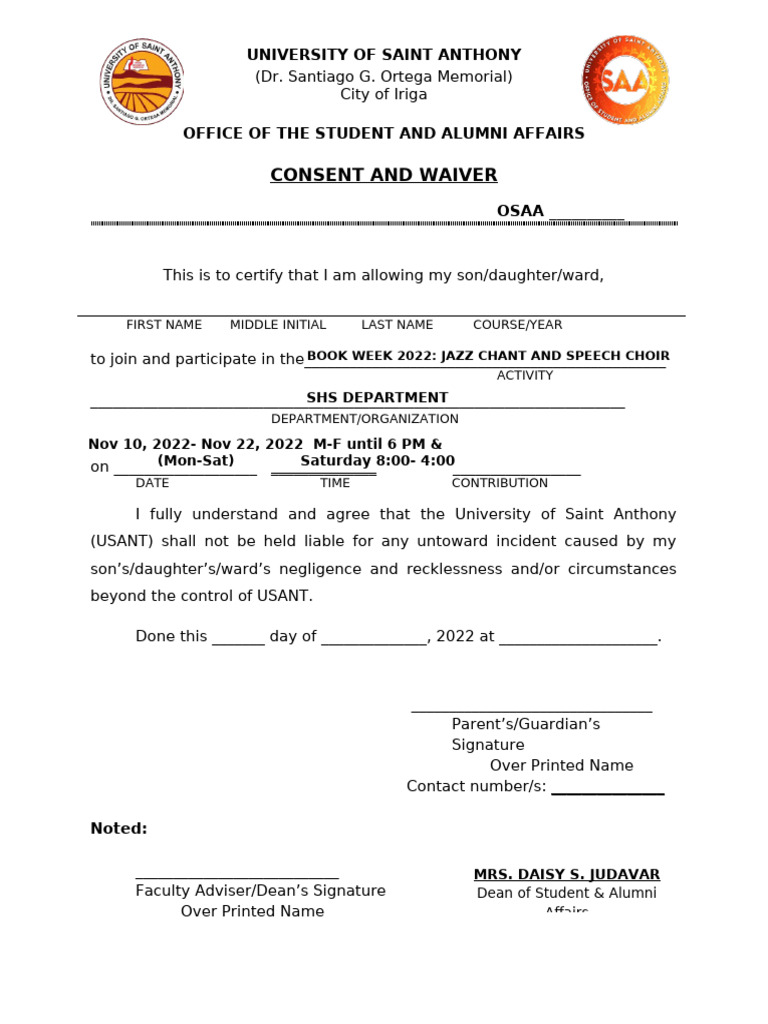 Consent Waiver for Student Activities | PDF