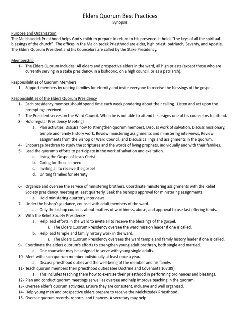 Elders Quorum Presidency Responsibilities | PDF | The Church Of Jesus ...