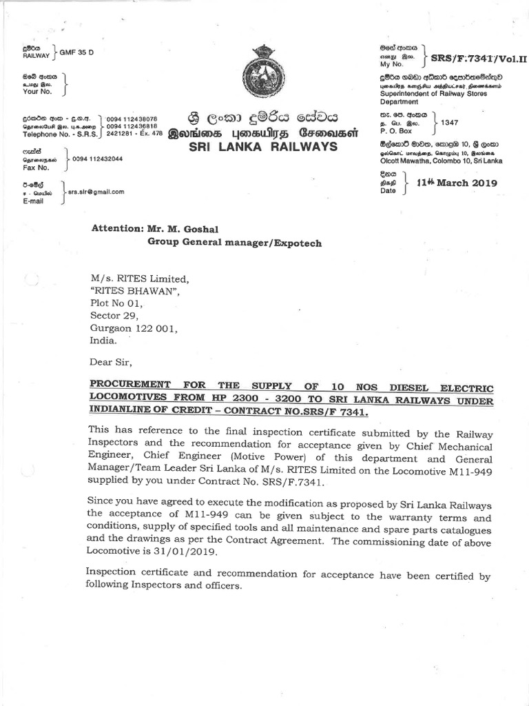 Acceptance Letter for 1st Loco | PDF