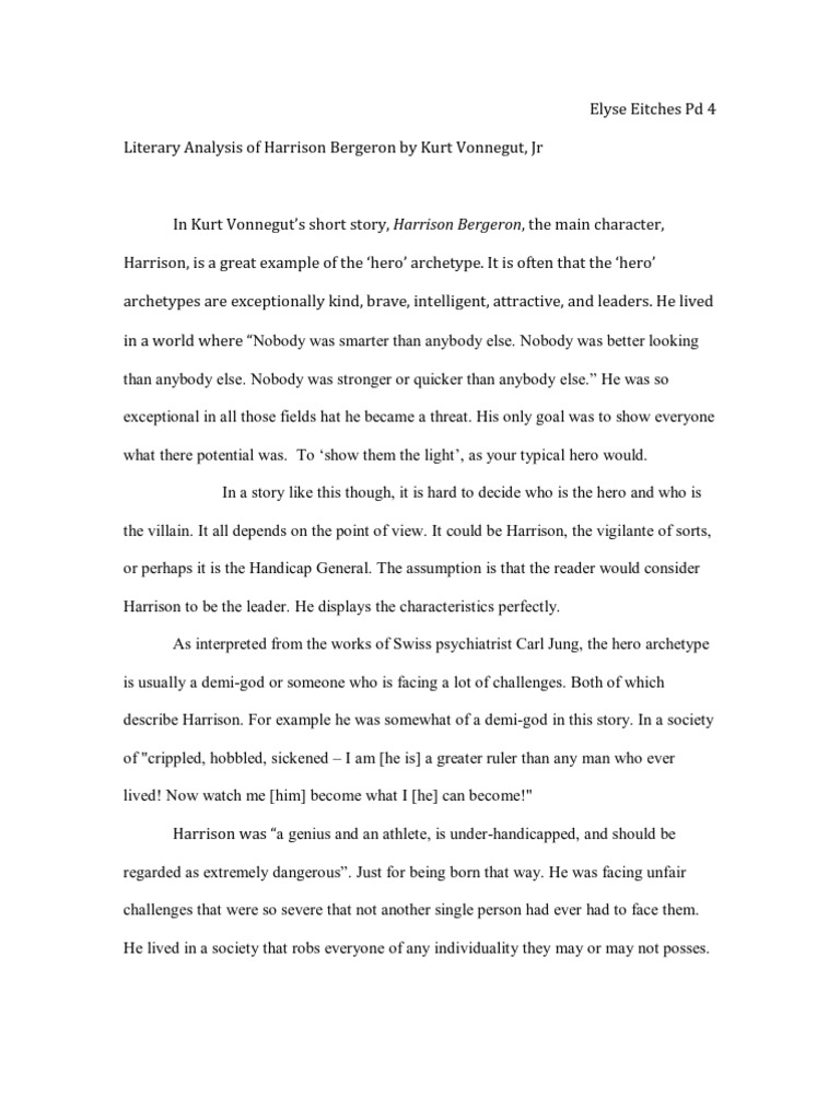 Literary Analysis of Harrison Bergeron by Kurt Vonnegut PDF Hero Archetype