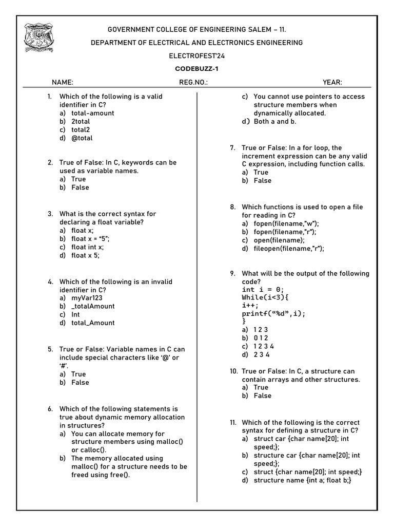 C Programming Concepts Quiz | PDF | Pointer (Computer Programming ...