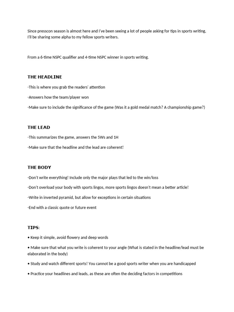 Sports Writing Tips Pdf