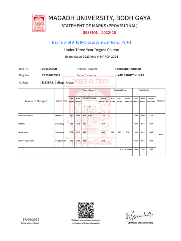Magadh University Provisional Marks Statement | PDF | Academic Degree ...