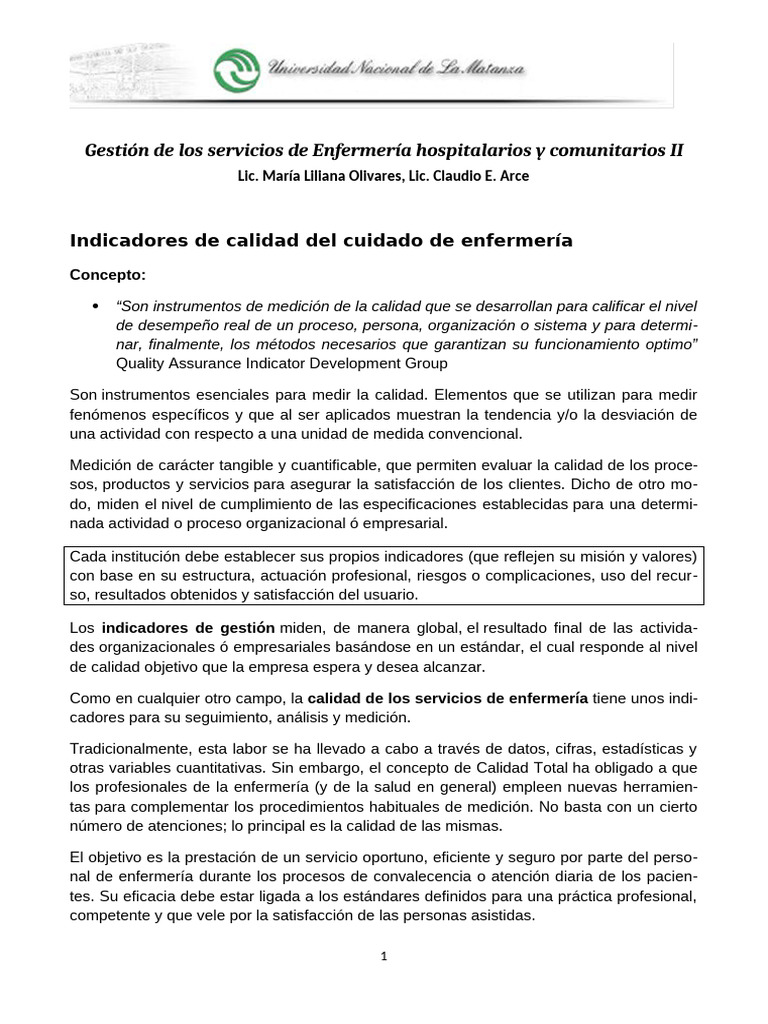 Unidad2 INDICADORES DE CALIDAD Del Cuidado de Enfermeria | PDF ...