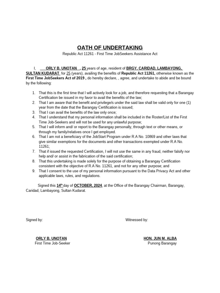 Oath of Undertaking for Job Seekers | PDF | Politics | Social Science