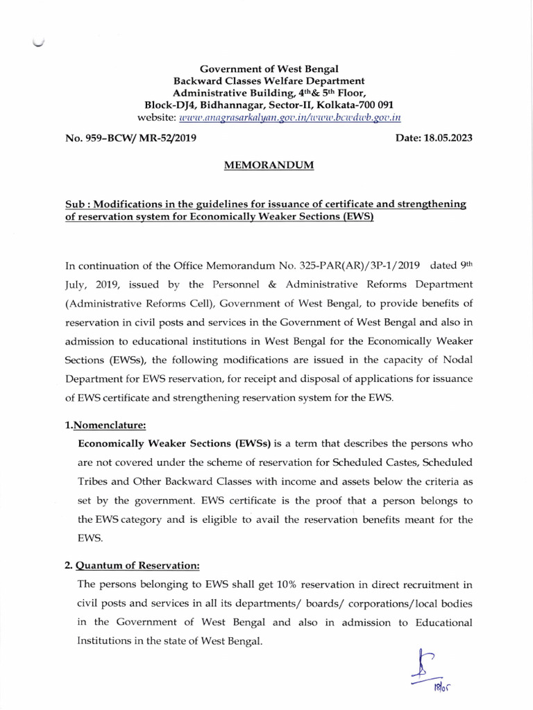EWS Certificate Guidelines in West Bengal | PDF | Government Of India
