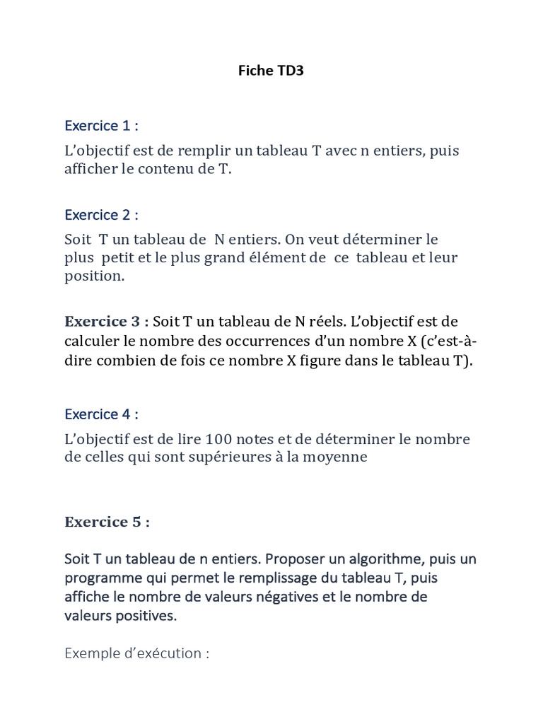 Exercices sur les Tableaux en TD3 | PDF