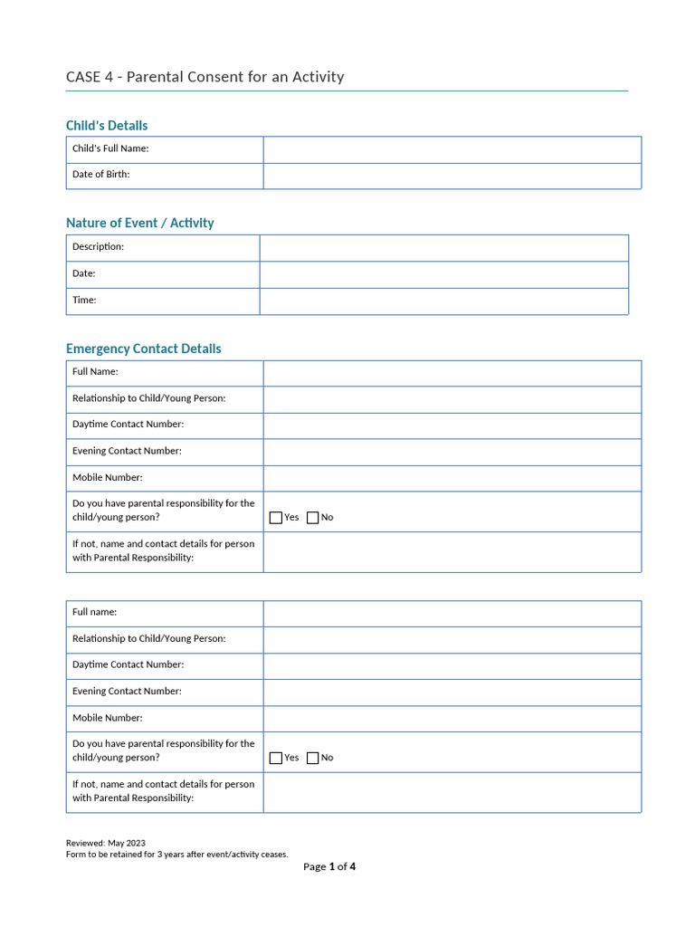 Parental Consent Form for Child Activities | PDF | Pain | Causes Of Death