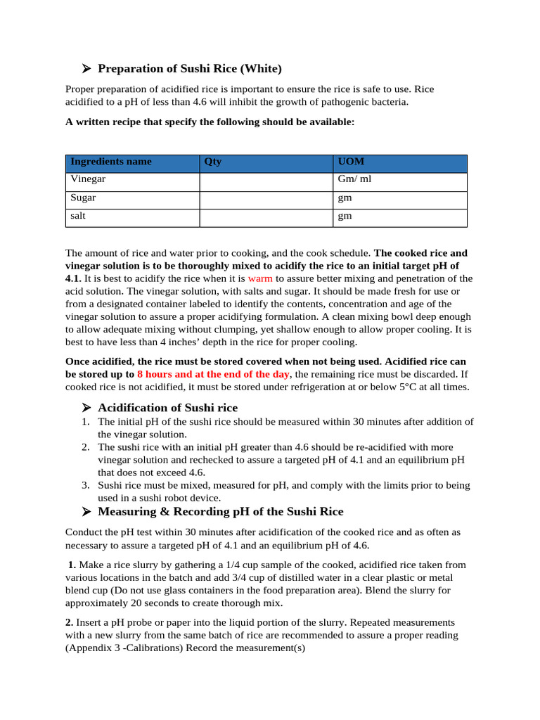 Sushi Rice pH Preparation Guidelines | PDF | Vinegar | Sushi
