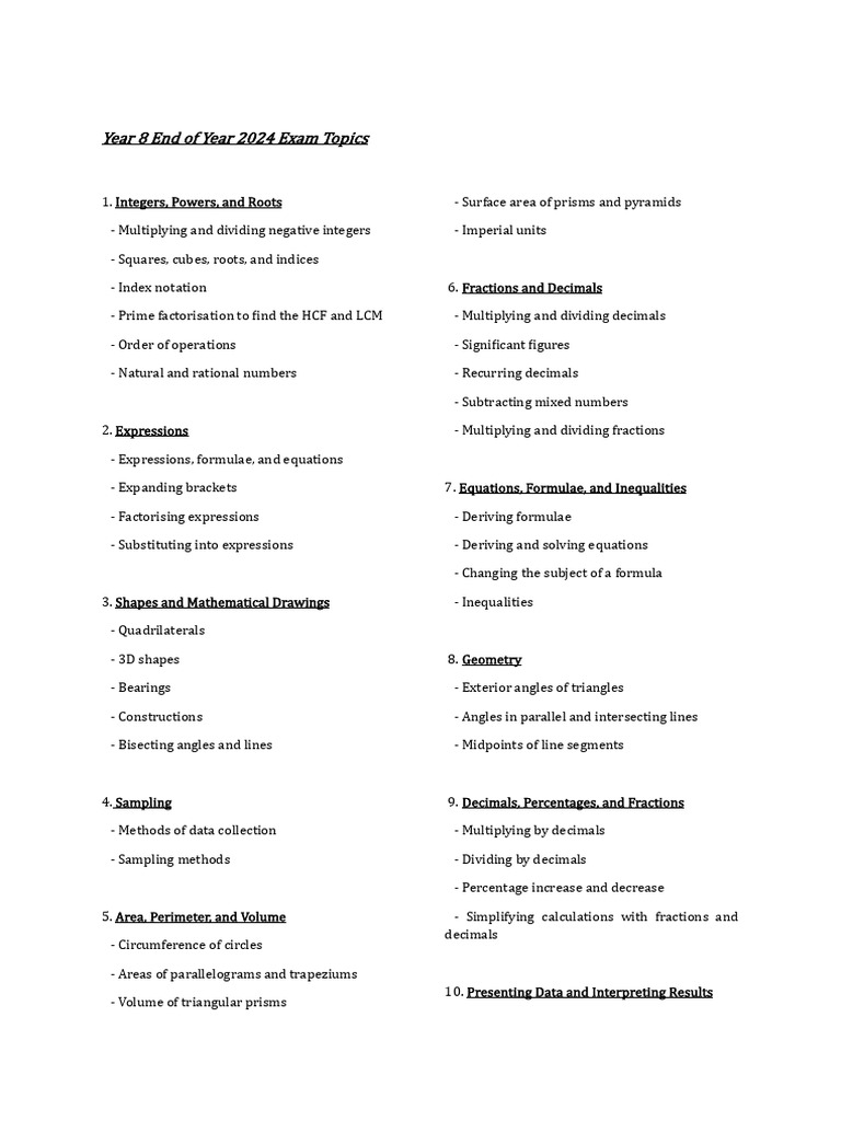 Year 8 2024 Exam Topics Overview | PDF | Area | Triangle