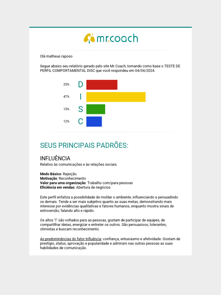 Aqui Está o Relatório Do Seu Teste DISC | PDF | Motivação | Motivacional
