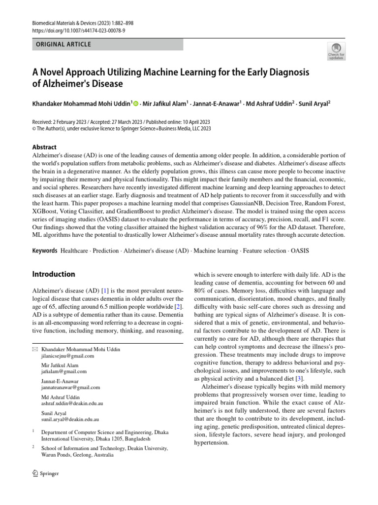 A Novel Approach Utilizing Machine Learning For The Early Diagnosis of ...