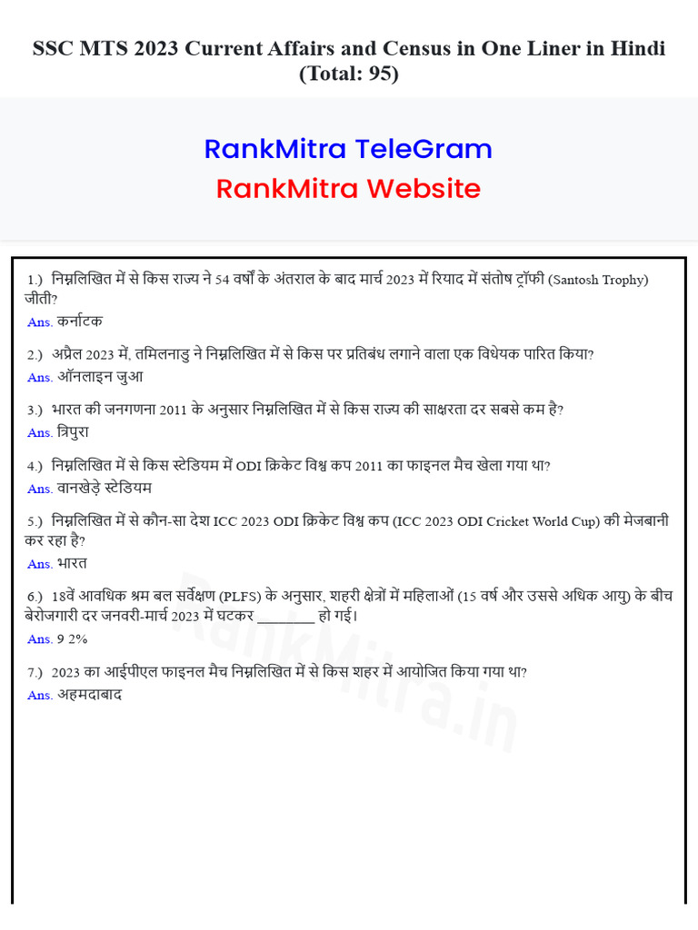 SSC MTS 2023 Current Affairs and Census in One Liner in Hindi | PDF