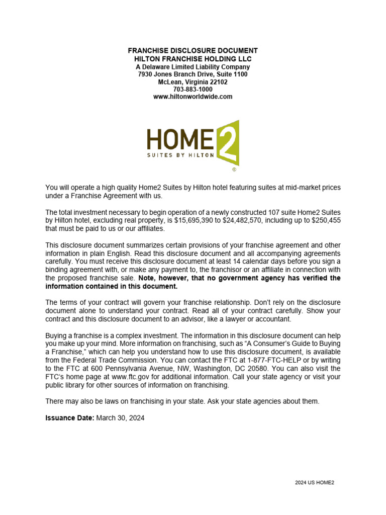 Franchise Disclosure Document 2024 US Home2 | PDF | Franchising ...