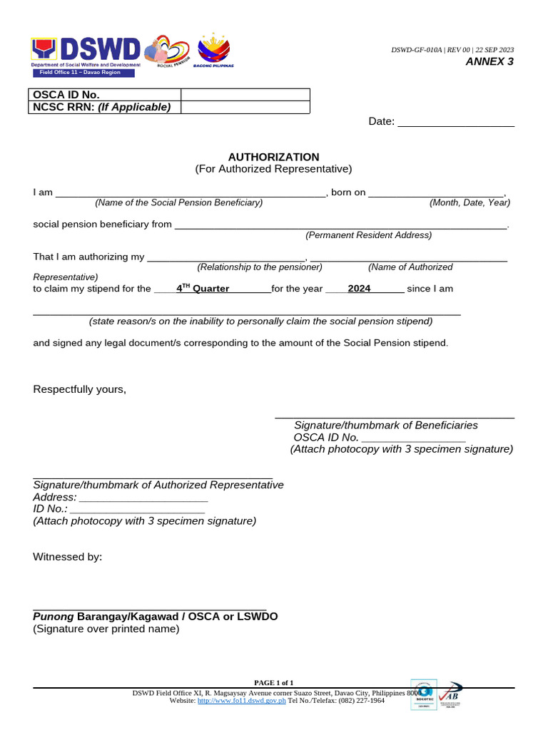 DSWD Authorization Form for Representatives | PDF