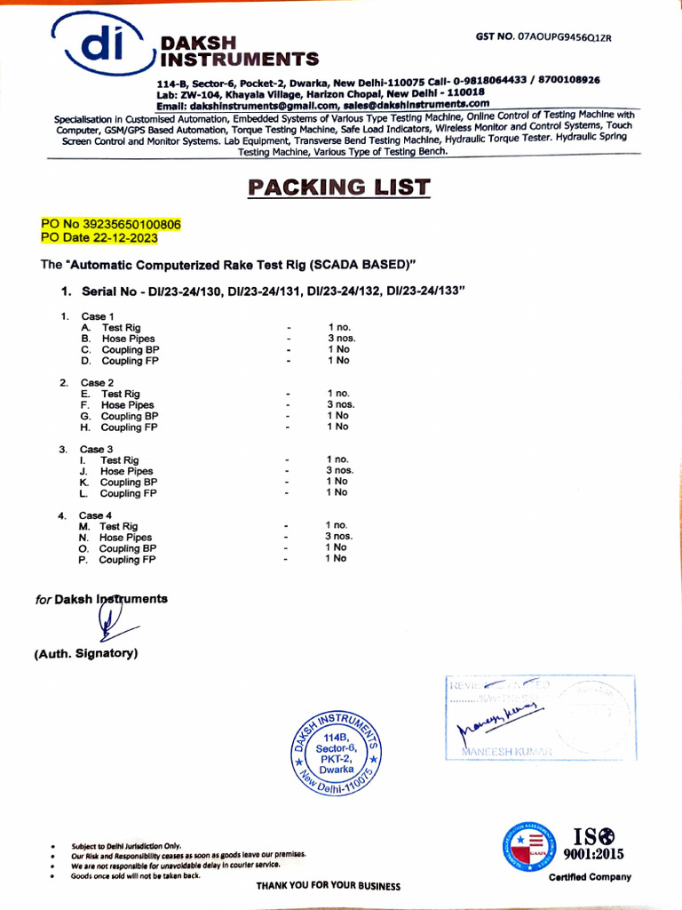 Rake Test Rig Packing List & Warranty | PDF