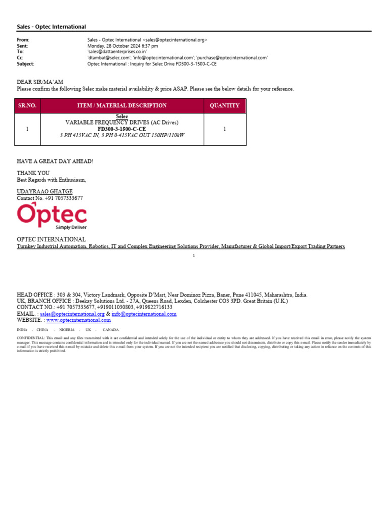 Selec VFD FD300!3!1500-C-CE Quantity 1 Nos | PDF