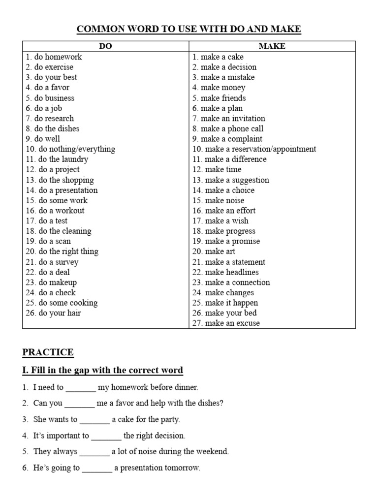 Common word to use with do and make pdf
