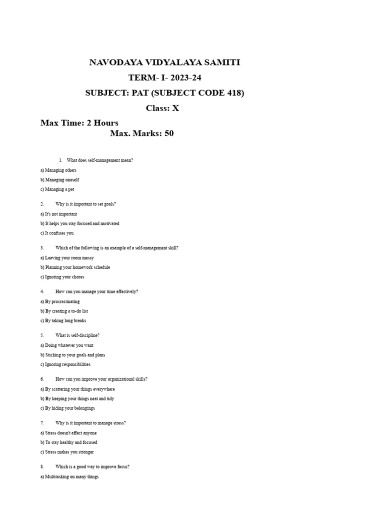 Ist Term Class10 PAT | PDF