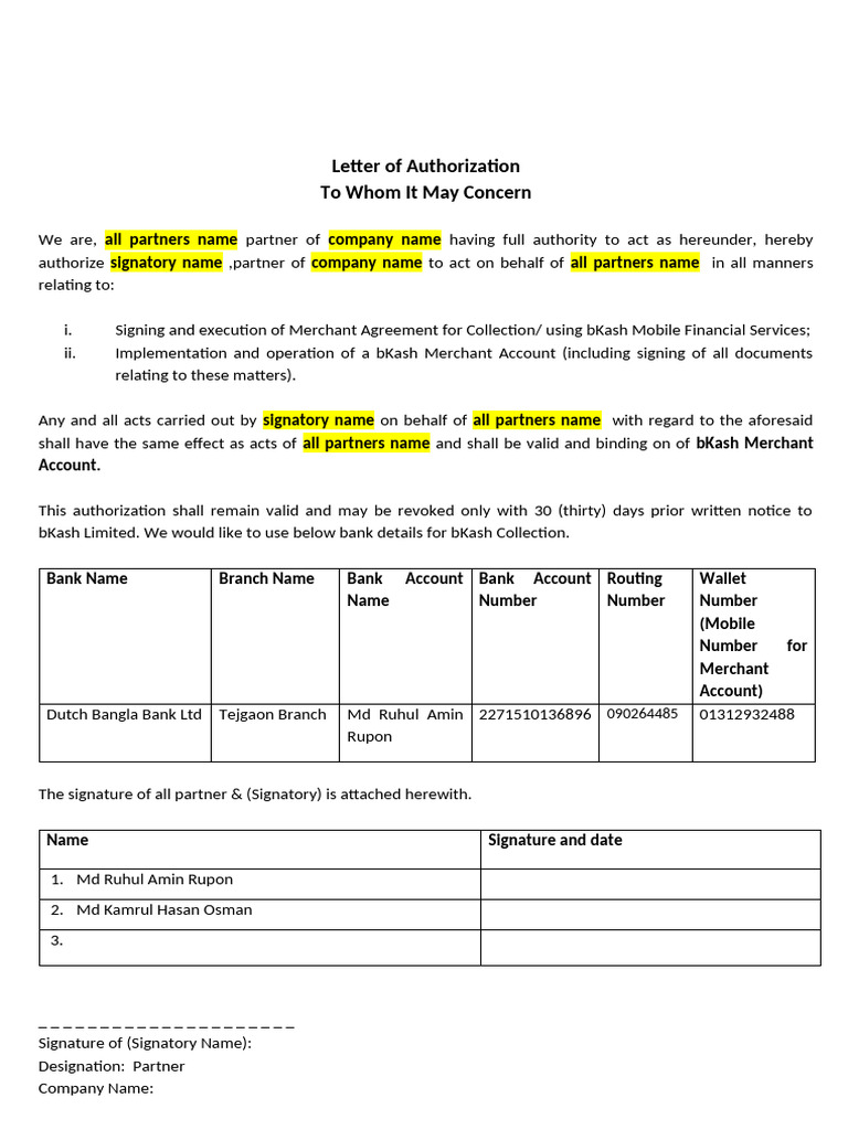 bKash Merchant Account Authorization Letter | PDF