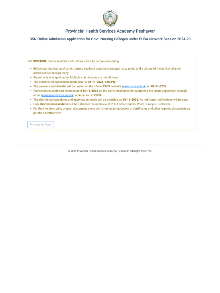 BS Nursing Admission Form - Provincial Health Services Academy | PDF