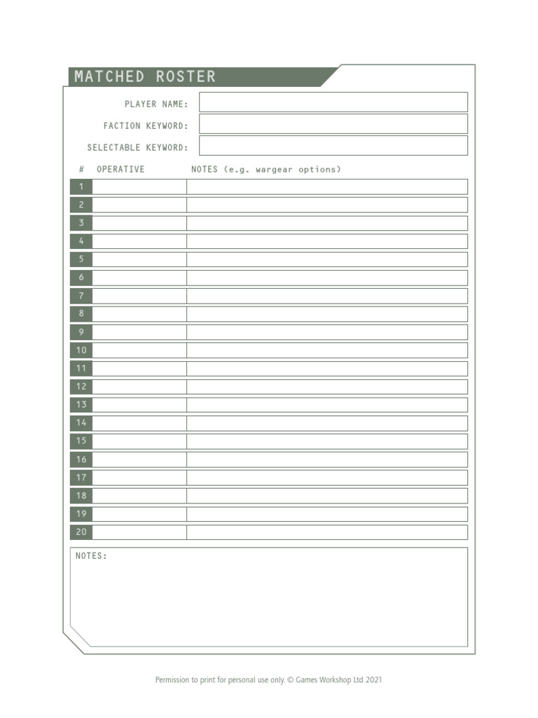 Personal Use Roster Template | PDF