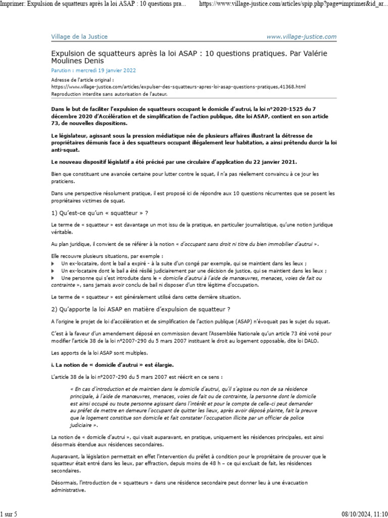 Expulsion de squatteurs : loi ASAP expliquée | PDF | Squat (lieu) | Justice