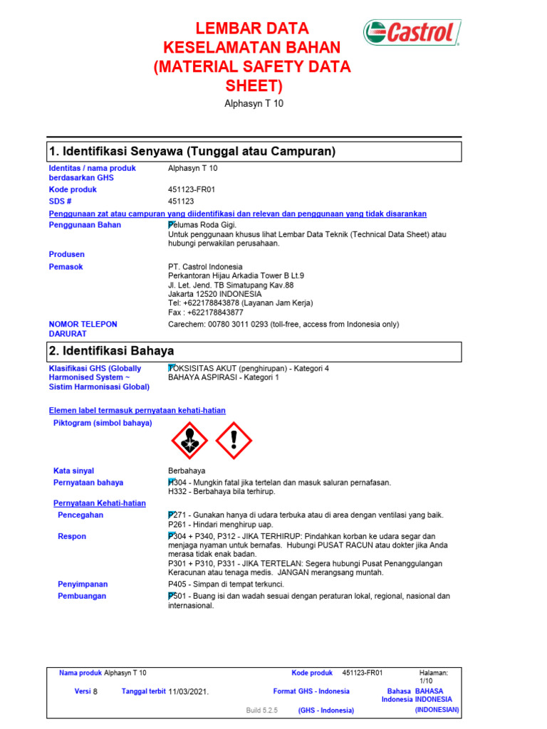 MSDS Alphasyn T 10 dalam Bahasa Indonesia | PDF | Pengembangan Diri ...