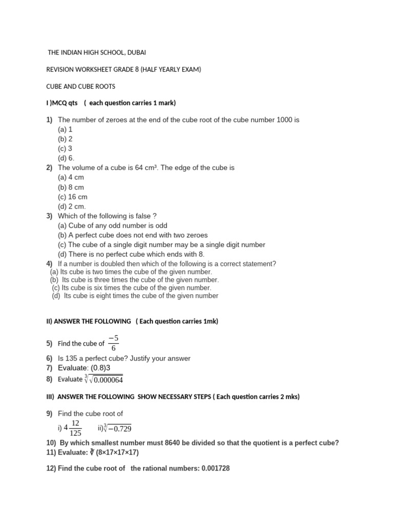 Cube and Cube Roots Revision Worksheet | PDF | Numbers | Discrete ...