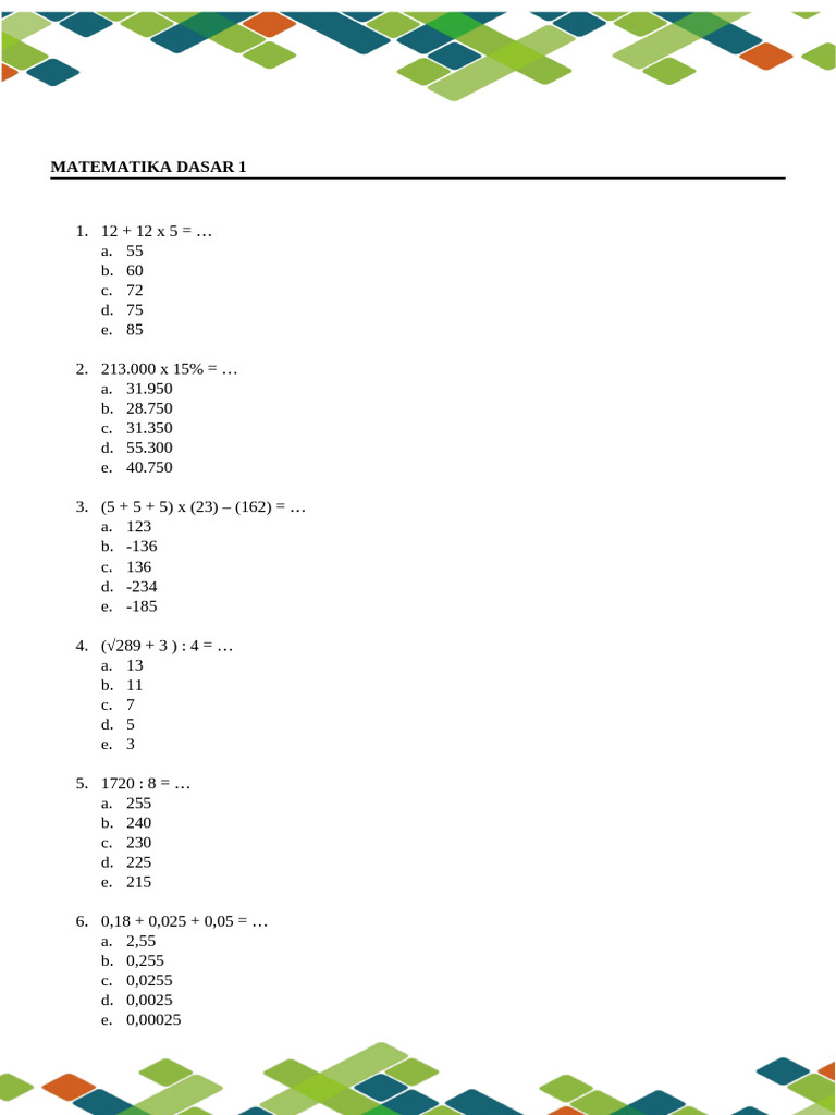 Matematika Dasar Latihan | PDF