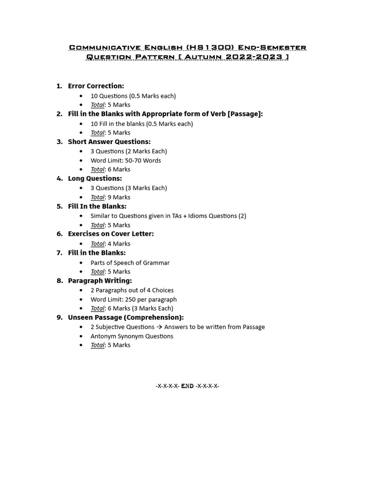Communicative english question pattern end semester autumn 2022