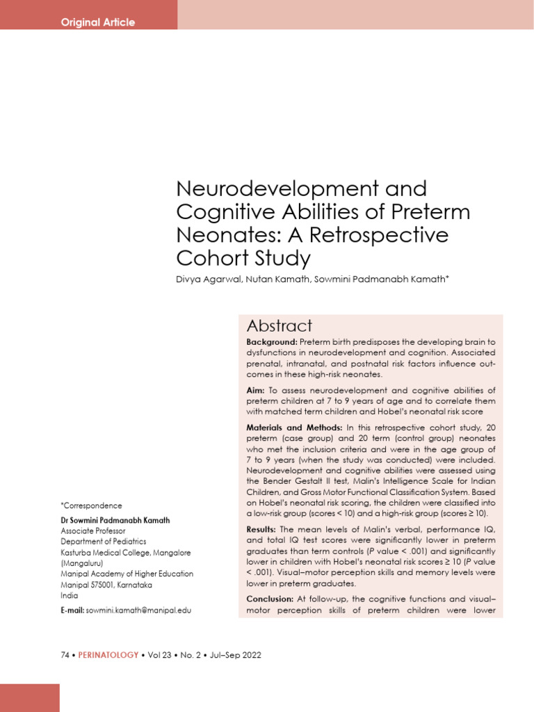 Preterm Neonates: Cognitive Outcomes Study | PDF | Preterm Birth ...