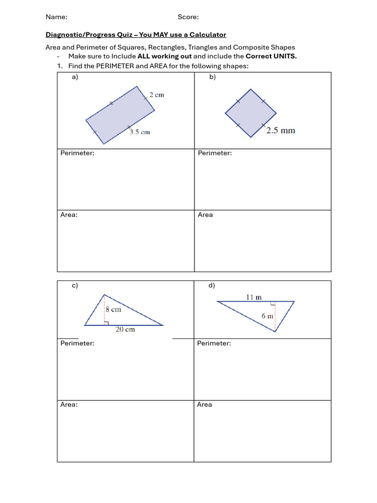Diagnostic - Progress Test - Perimeter and Area | PDF | Teaching ...