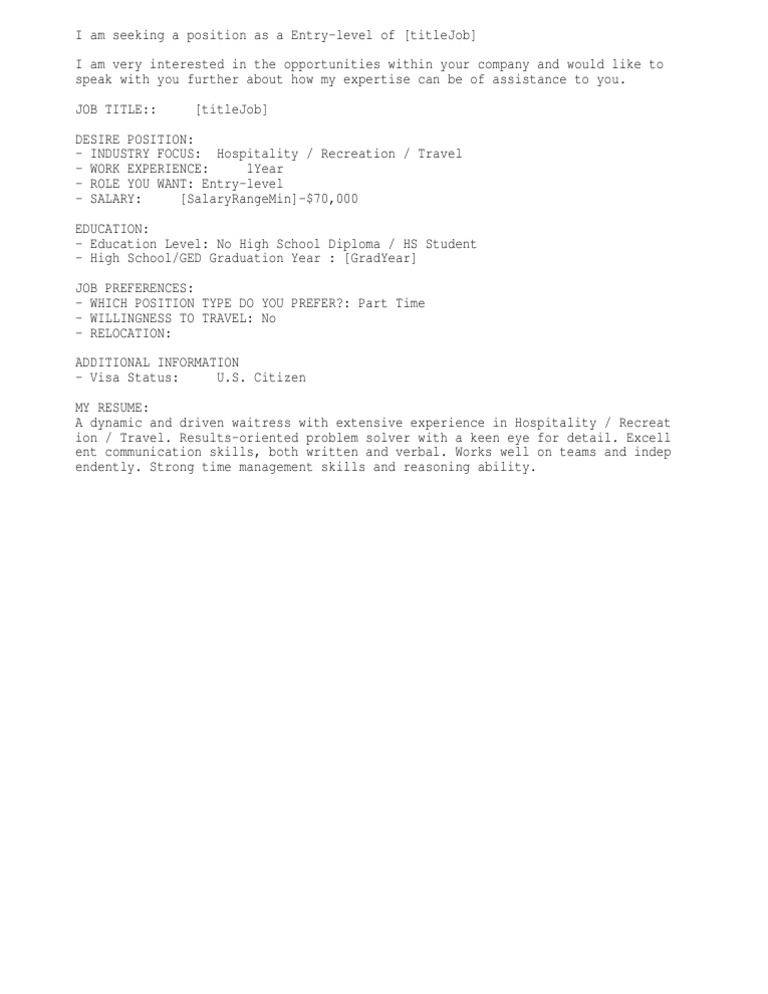 Entry-Level Waitress Application Letter | PDF