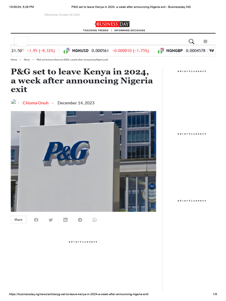 P&G Set To Leave Kenya in 2024, A Week After Announcing Nigeria Exit | PDF  | Procter & Gamble | Kenya