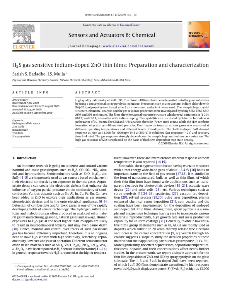 H2S Gas Sensitive Indium Doped ZnO Thin | PDF | Zinc Oxide | Thin Film