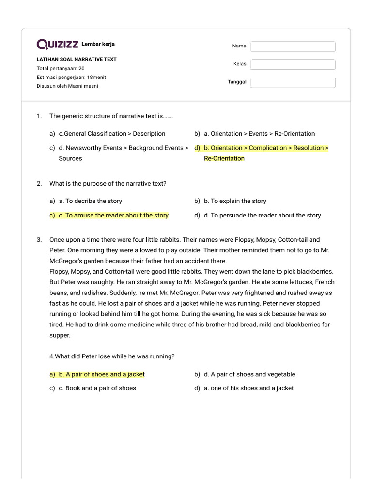 Latihan soal narrative text z pdf peter rabbit